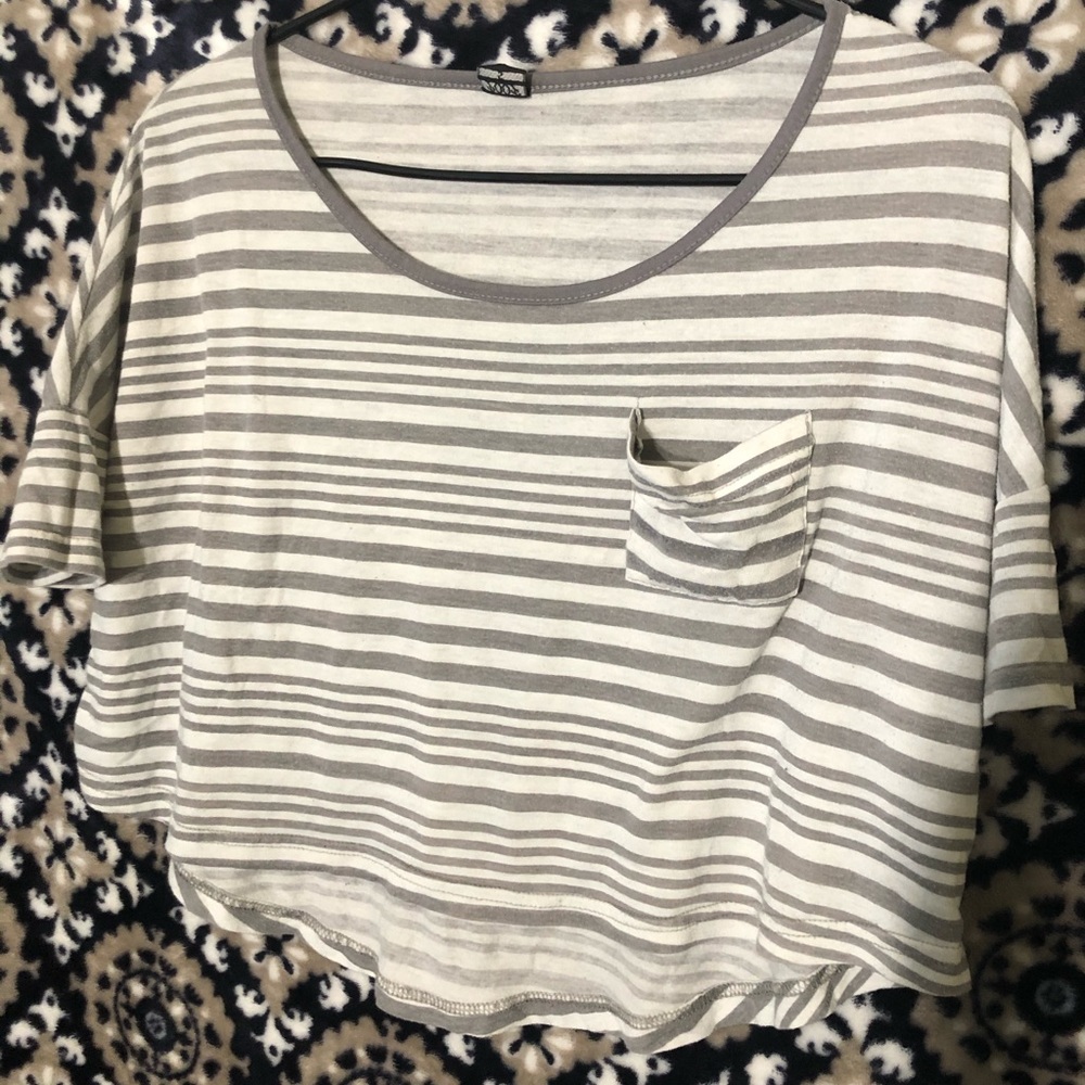 White and Gray Striped Loose Cropped Tee